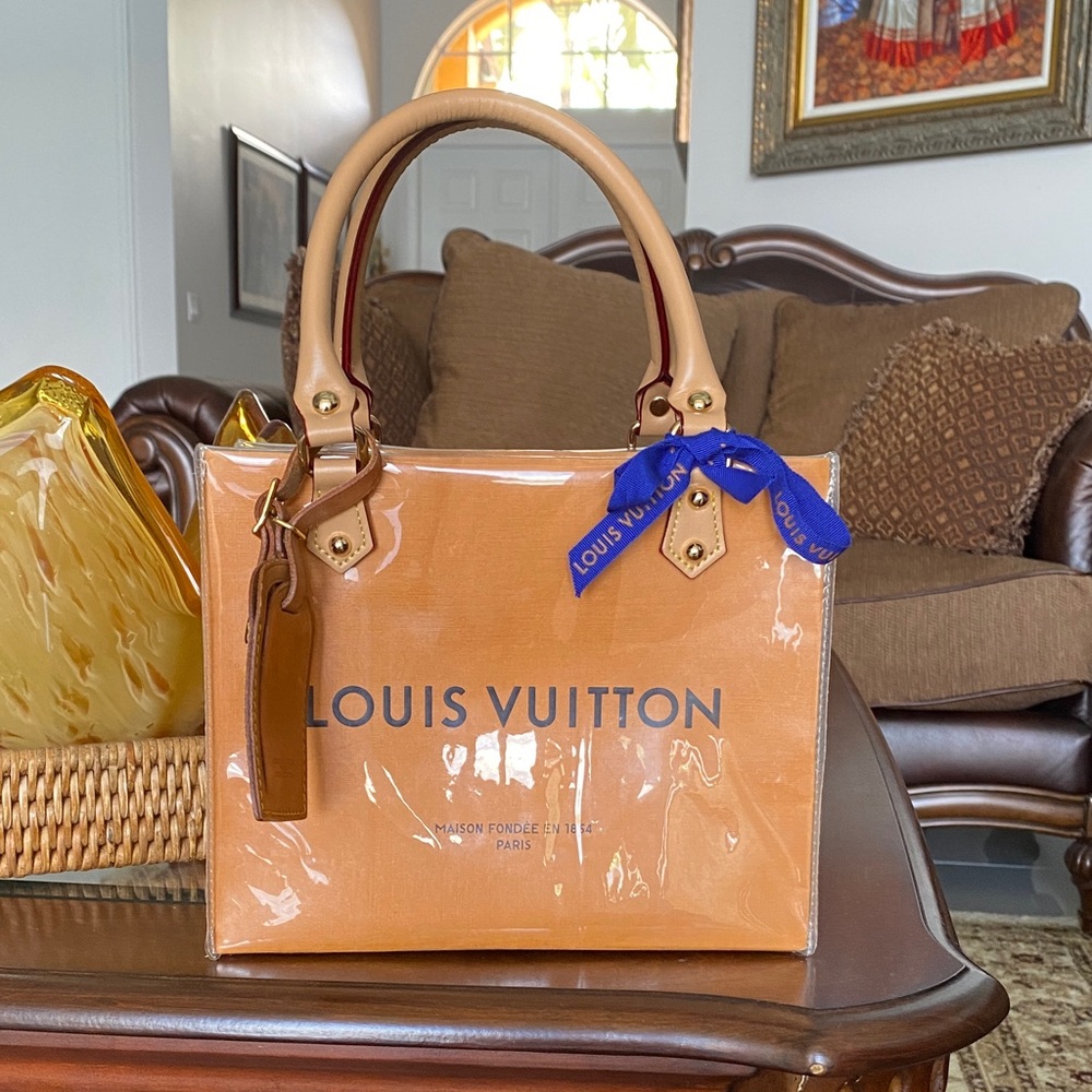 Louis Vuitton Glossy Tan Tote with Blue Accent